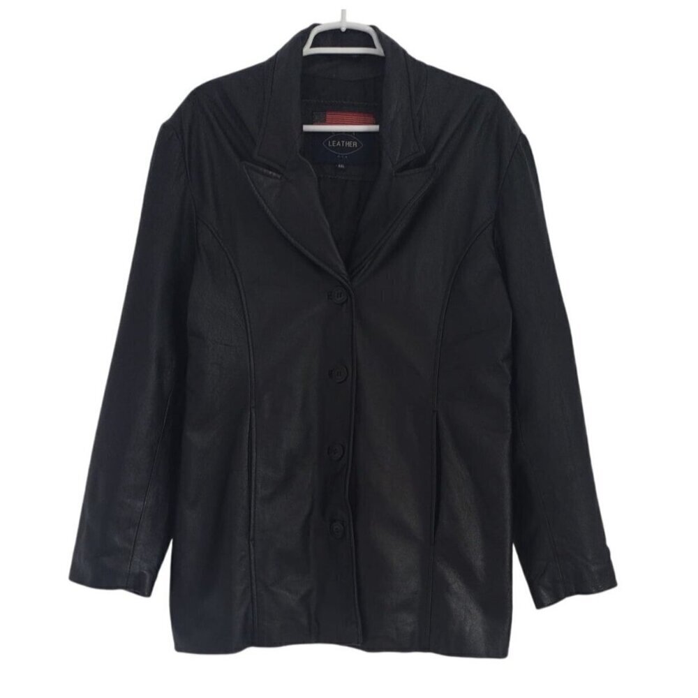 U.S.A Men's Button Front Leather Jacket Black, Size XXL.